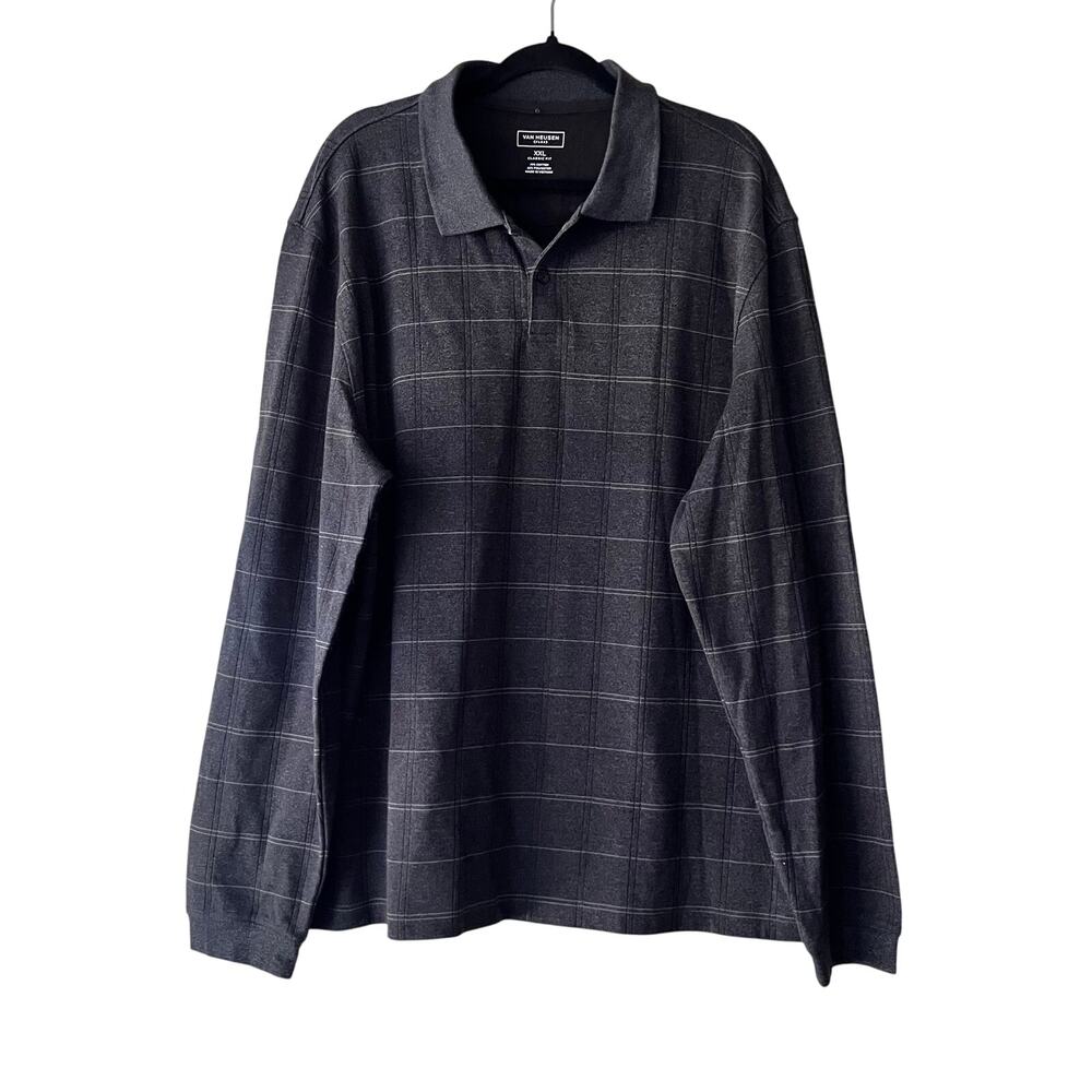 Van‎ Heusen Polo Shirt Men's Gray Plaid Cotton Collared Long Sleeve Size XXL